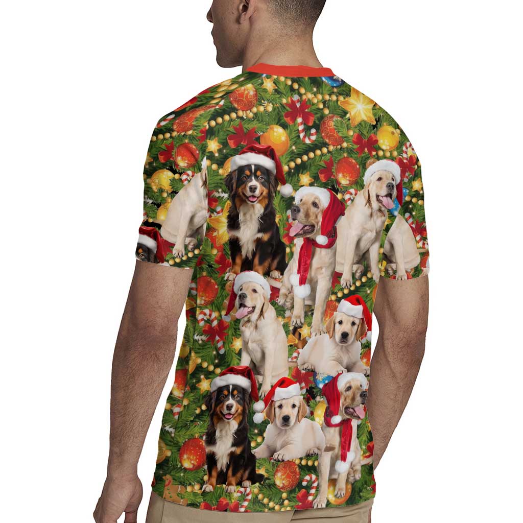 Christmas Dogs Rugby Jersey with Santa Hats and Festive Ornament Pattern - Wonder Print Shop