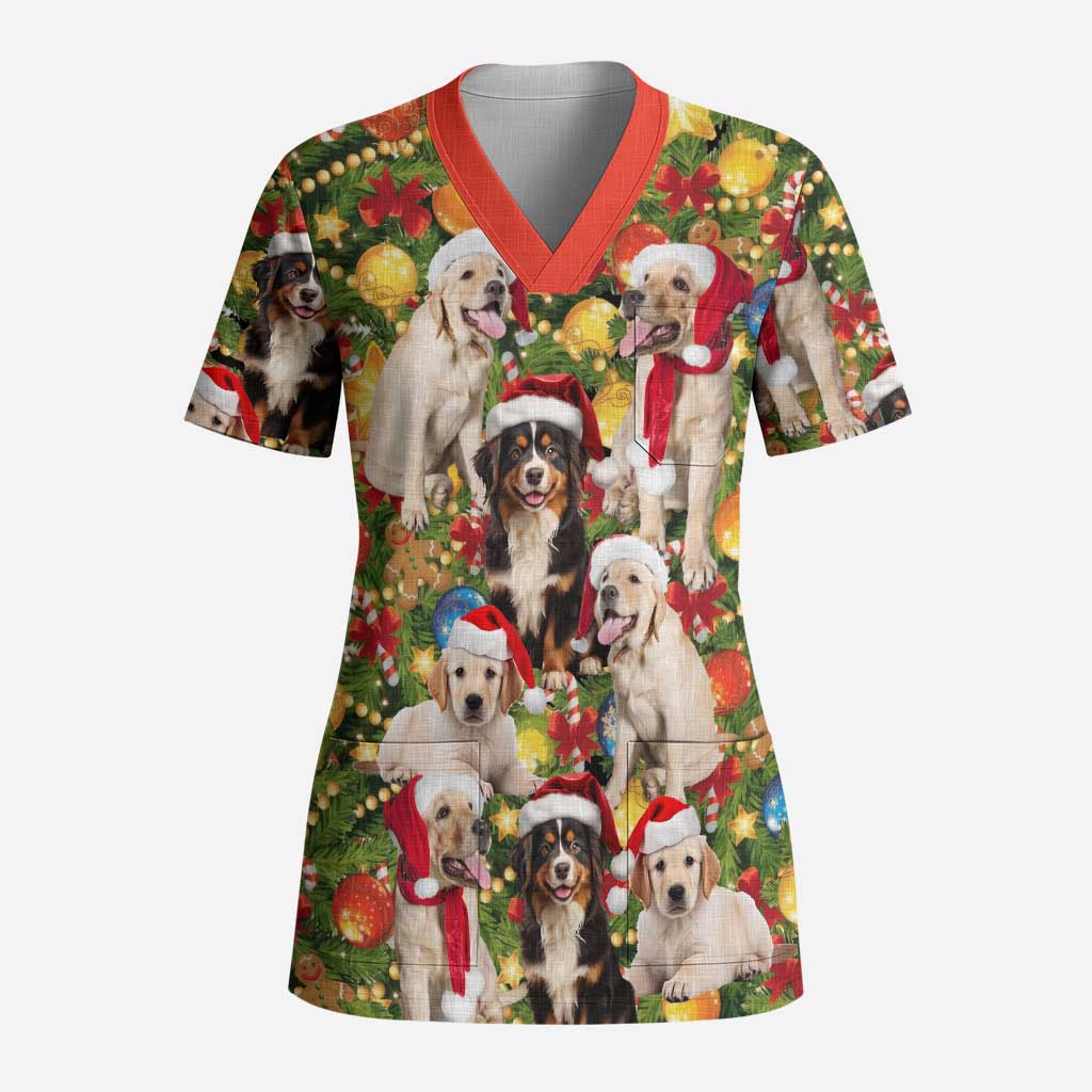 Christmas Dogs Scrub Top with Santa Hats and Festive Ornament Pattern - Wonder Print Shop