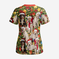 Christmas Dogs Scrub Top with Santa Hats and Festive Ornament Pattern - Wonder Print Shop