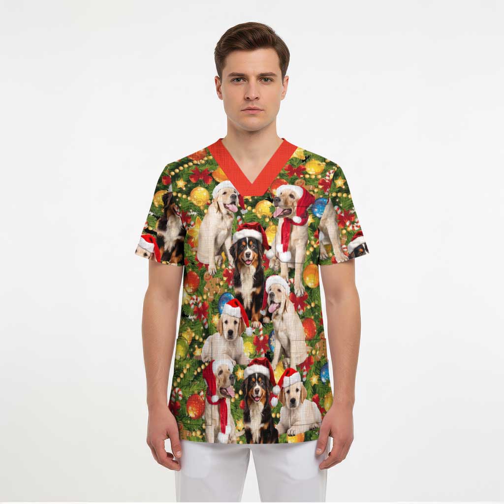 Christmas Dogs Scrub Top with Santa Hats and Festive Ornament Pattern - Wonder Print Shop