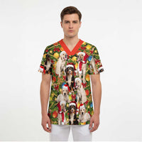 Christmas Dogs Scrub Top with Santa Hats and Festive Ornament Pattern - Wonder Print Shop
