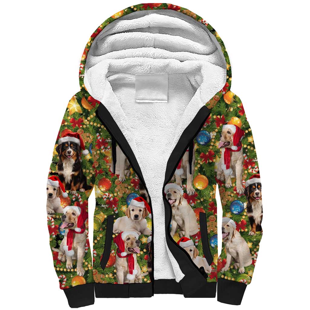 Christmas Dogs Sherpa Hoodie with Santa Hats and Festive Ornament Pattern - Wonder Print Shop