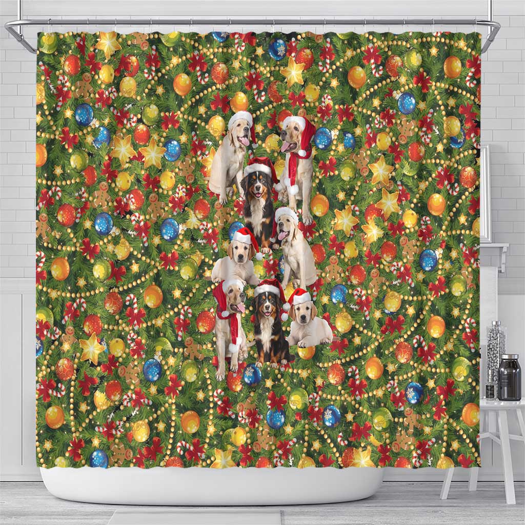 Christmas Dogs Shower Curtain with Santa Hats and Festive Ornament Pattern - Wonder Print Shop