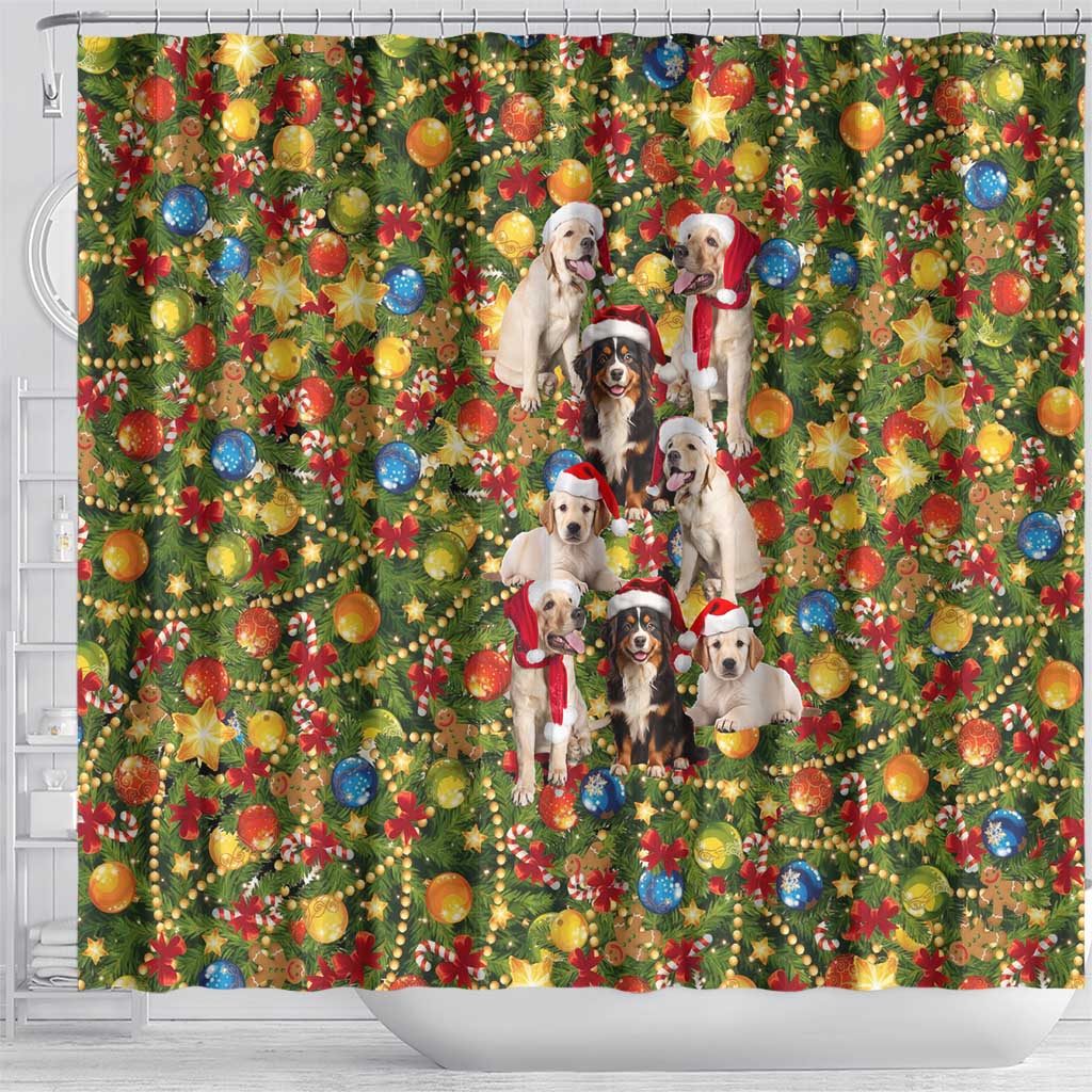 Christmas Dogs Shower Curtain with Santa Hats and Festive Ornament Pattern - Wonder Print Shop