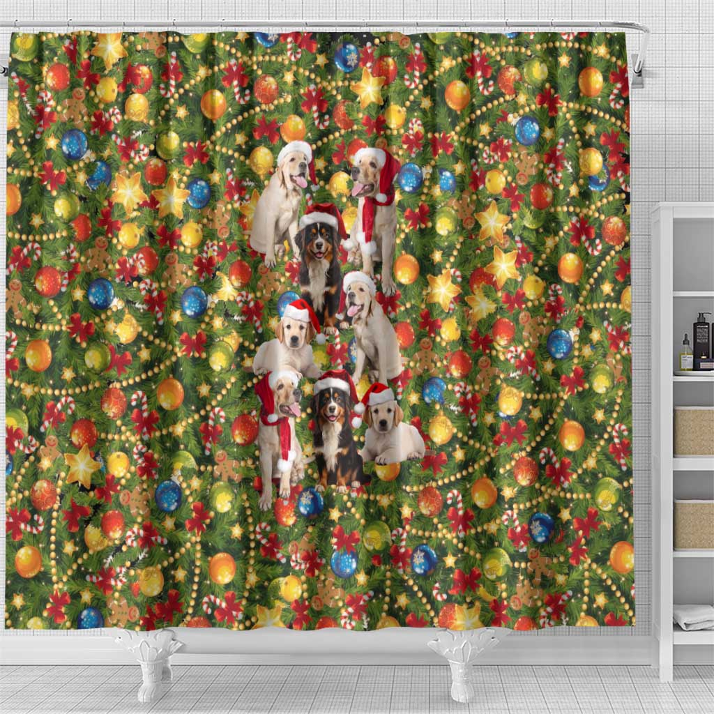 Christmas Dogs Shower Curtain with Santa Hats and Festive Ornament Pattern - Wonder Print Shop