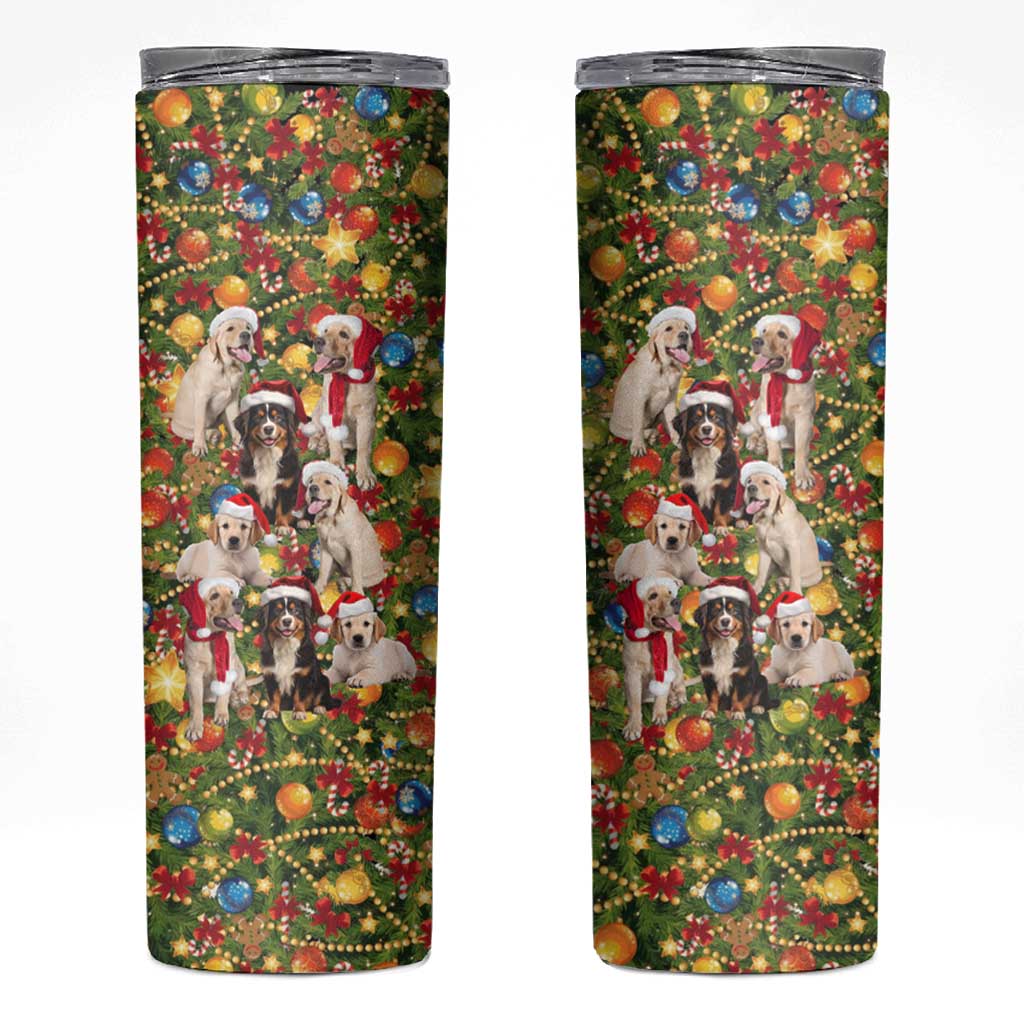 Christmas Dogs Skinny Tumbler with Santa Hats and Festive Ornament Pattern - Wonder Print Shop