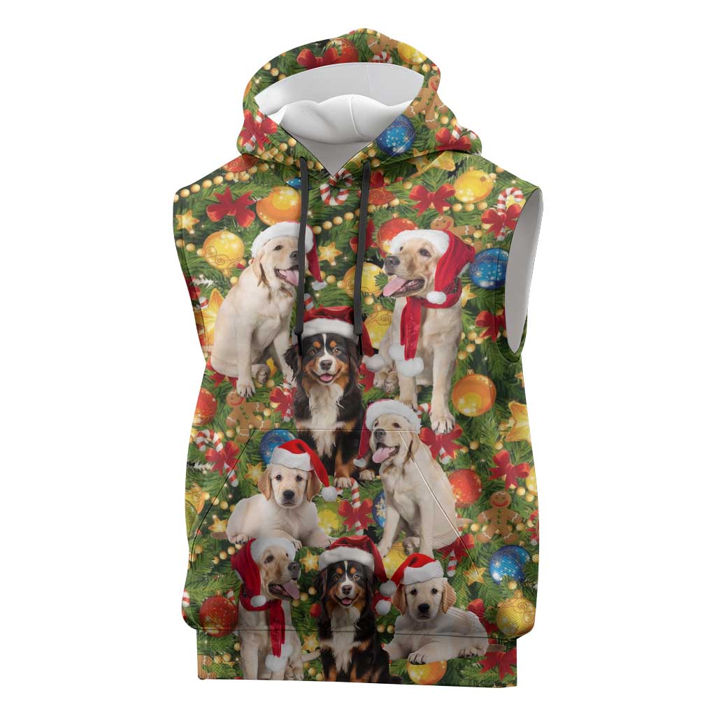 Christmas Dogs Sleeveless Hoodie with Santa Hats and Festive Ornament Pattern - Wonder Print Shop