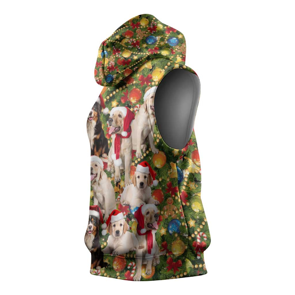 Christmas Dogs Sleeveless Hoodie with Santa Hats and Festive Ornament Pattern - Wonder Print Shop