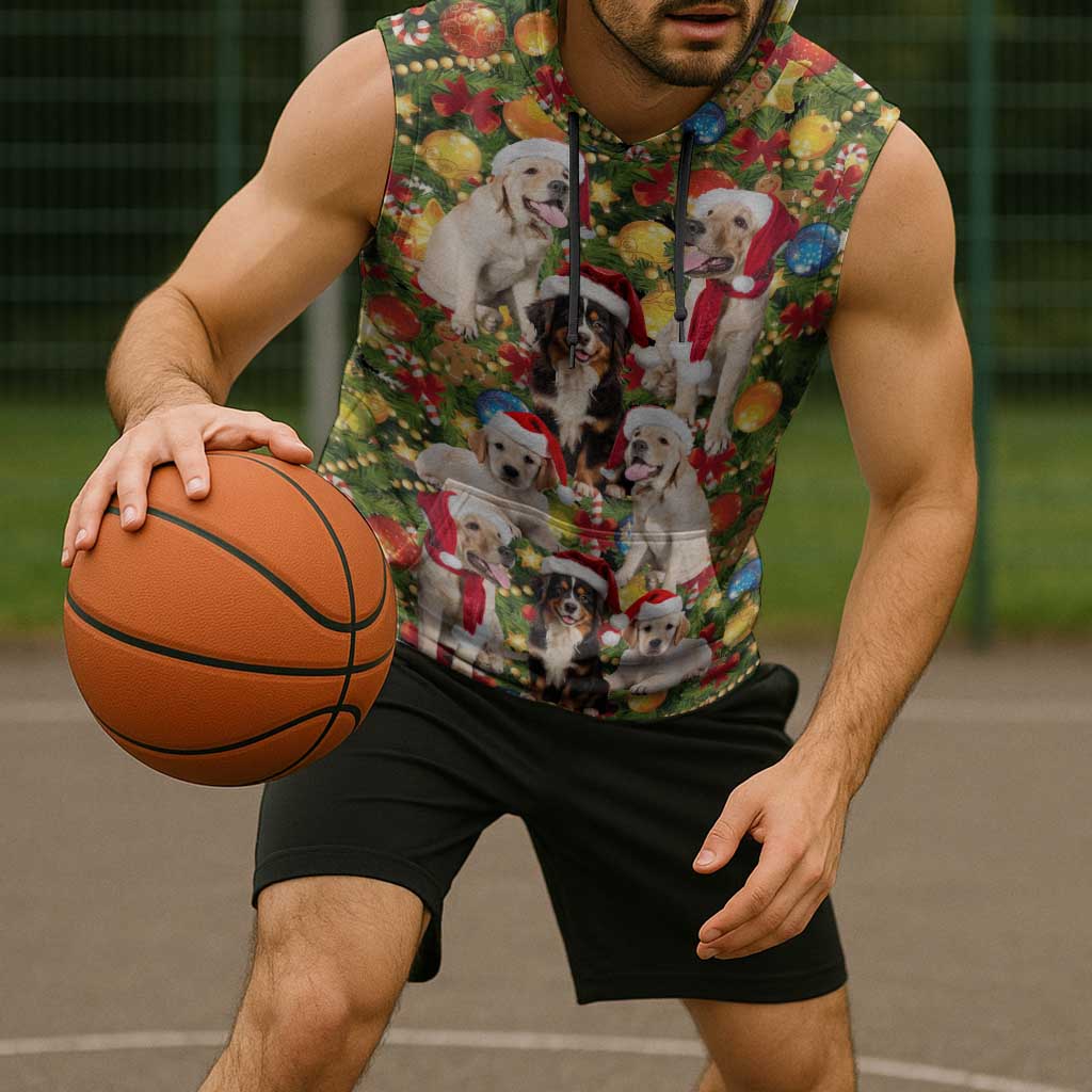 Christmas Dogs Sleeveless Hoodie with Santa Hats and Festive Ornament Pattern - Wonder Print Shop