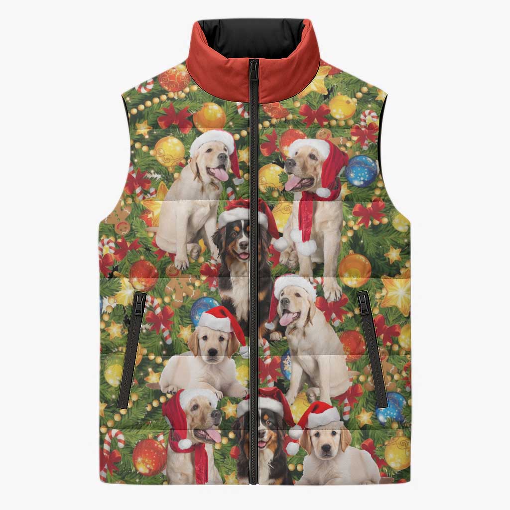 Christmas Dogs Sleeveless Puffer Jacket with Santa Hats and Festive Ornament Pattern - Wonder Print Shop