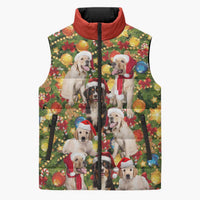 Christmas Dogs Sleeveless Puffer Jacket with Santa Hats and Festive Ornament Pattern - Wonder Print Shop