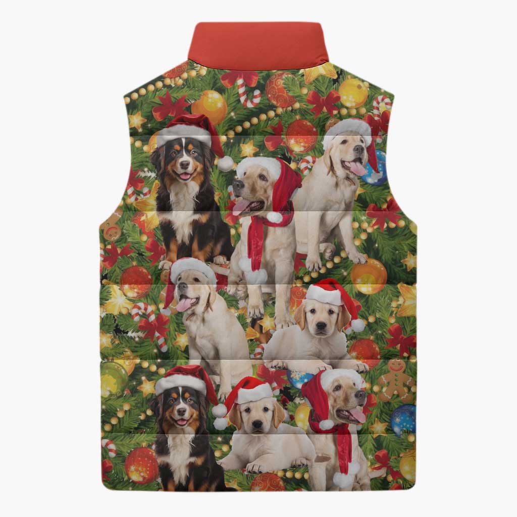 Christmas Dogs Sleeveless Puffer Jacket with Santa Hats and Festive Ornament Pattern - Wonder Print Shop