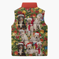 Christmas Dogs Sleeveless Puffer Jacket with Santa Hats and Festive Ornament Pattern - Wonder Print Shop