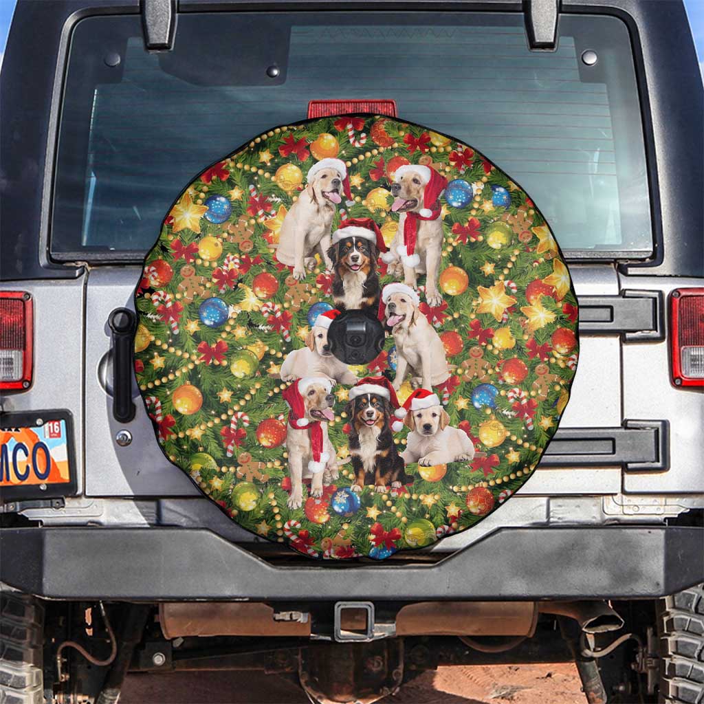Christmas Dogs Spare Tire Cover with Santa Hats and Festive Ornament Pattern - Wonder Print Shop