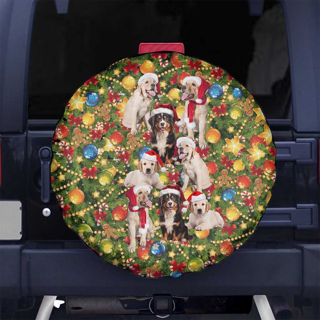 Christmas Dogs Spare Tire Cover with Santa Hats and Festive Ornament Pattern - Wonder Print Shop