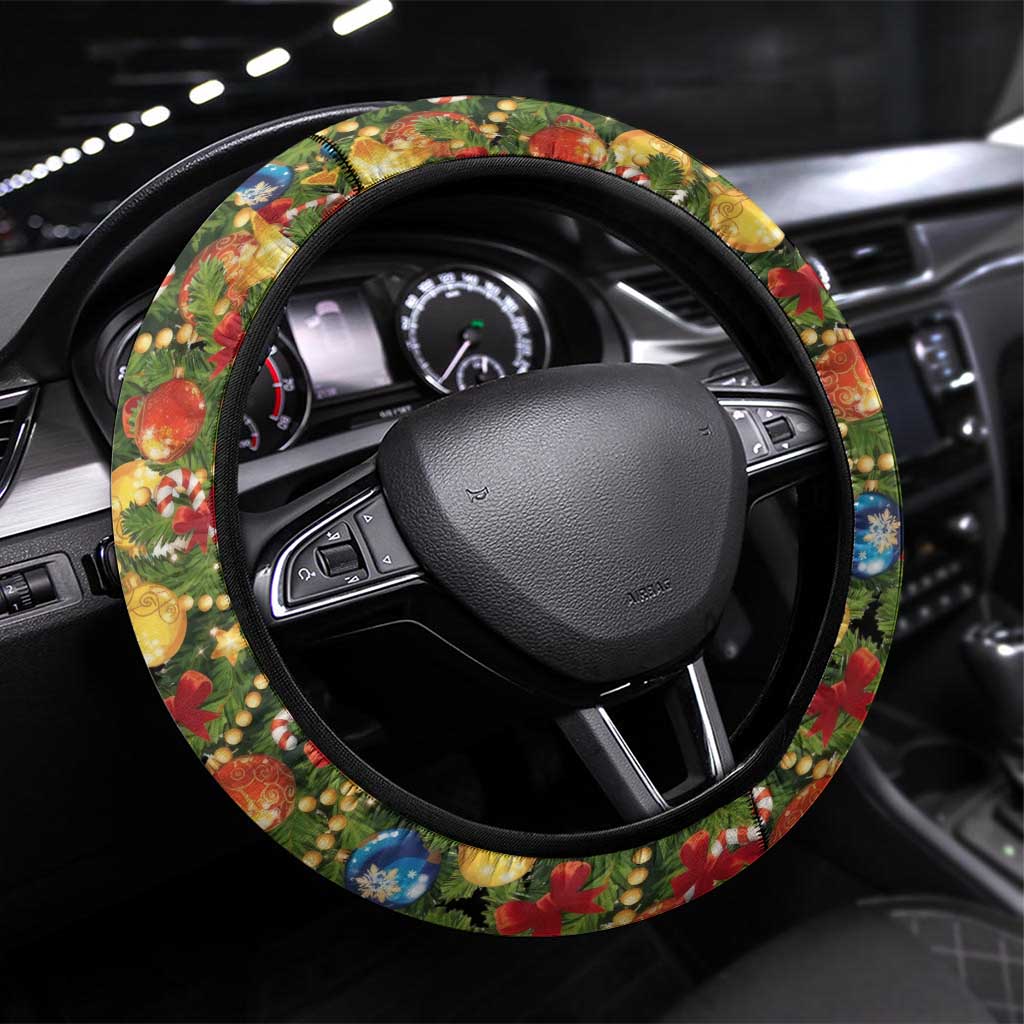 Christmas Dogs Steering Wheel Cover with Santa Hats and Festive Ornament Pattern - Wonder Print Shop