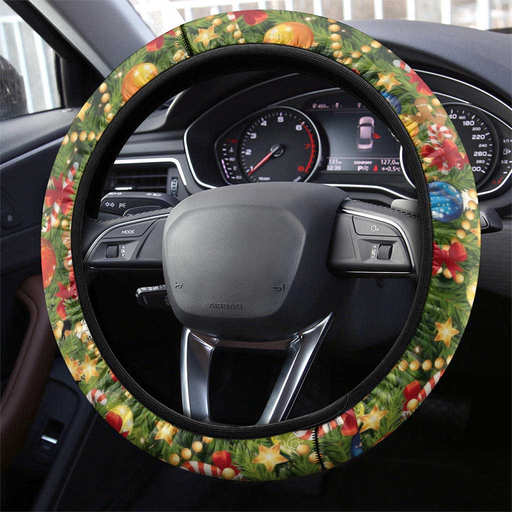 Christmas Dogs Steering Wheel Cover with Santa Hats and Festive Ornament Pattern - Wonder Print Shop