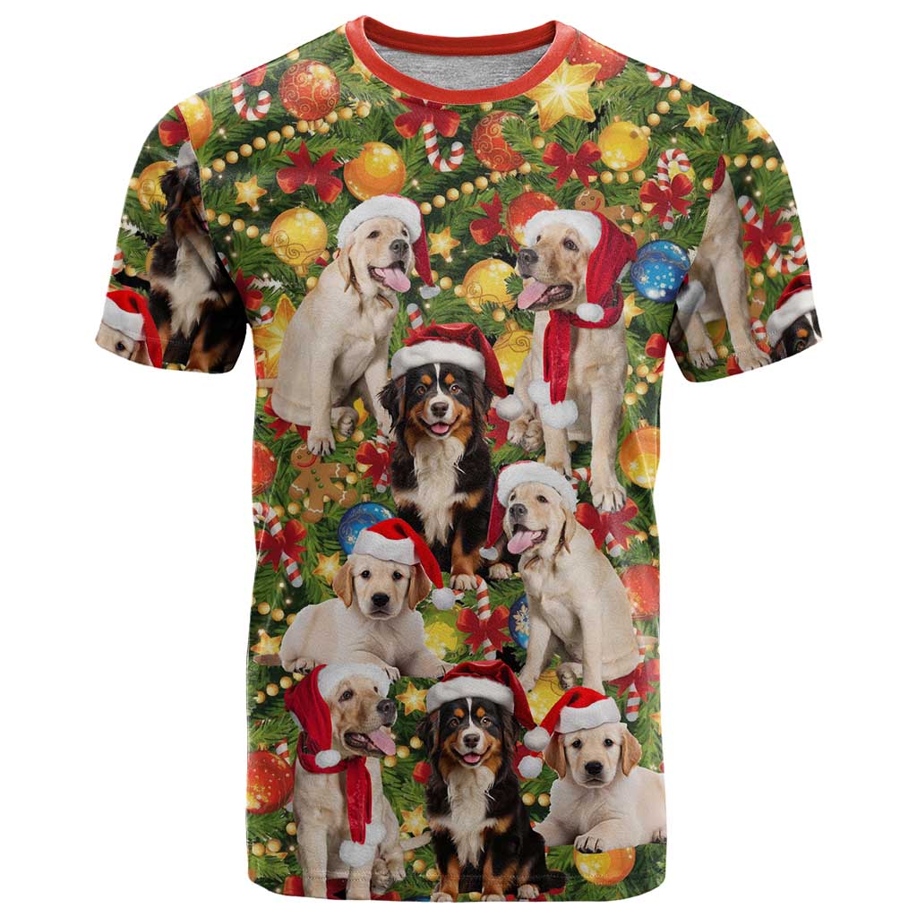 Christmas Dogs T Shirt with Santa Hats and Festive Ornament Pattern - Wonder Print Shop