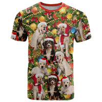 Christmas Dogs T Shirt with Santa Hats and Festive Ornament Pattern - Wonder Print Shop