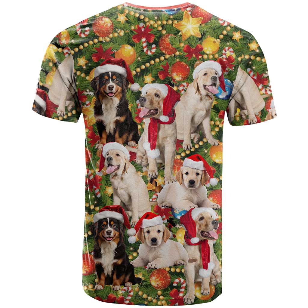 Christmas Dogs T Shirt with Santa Hats and Festive Ornament Pattern - Wonder Print Shop