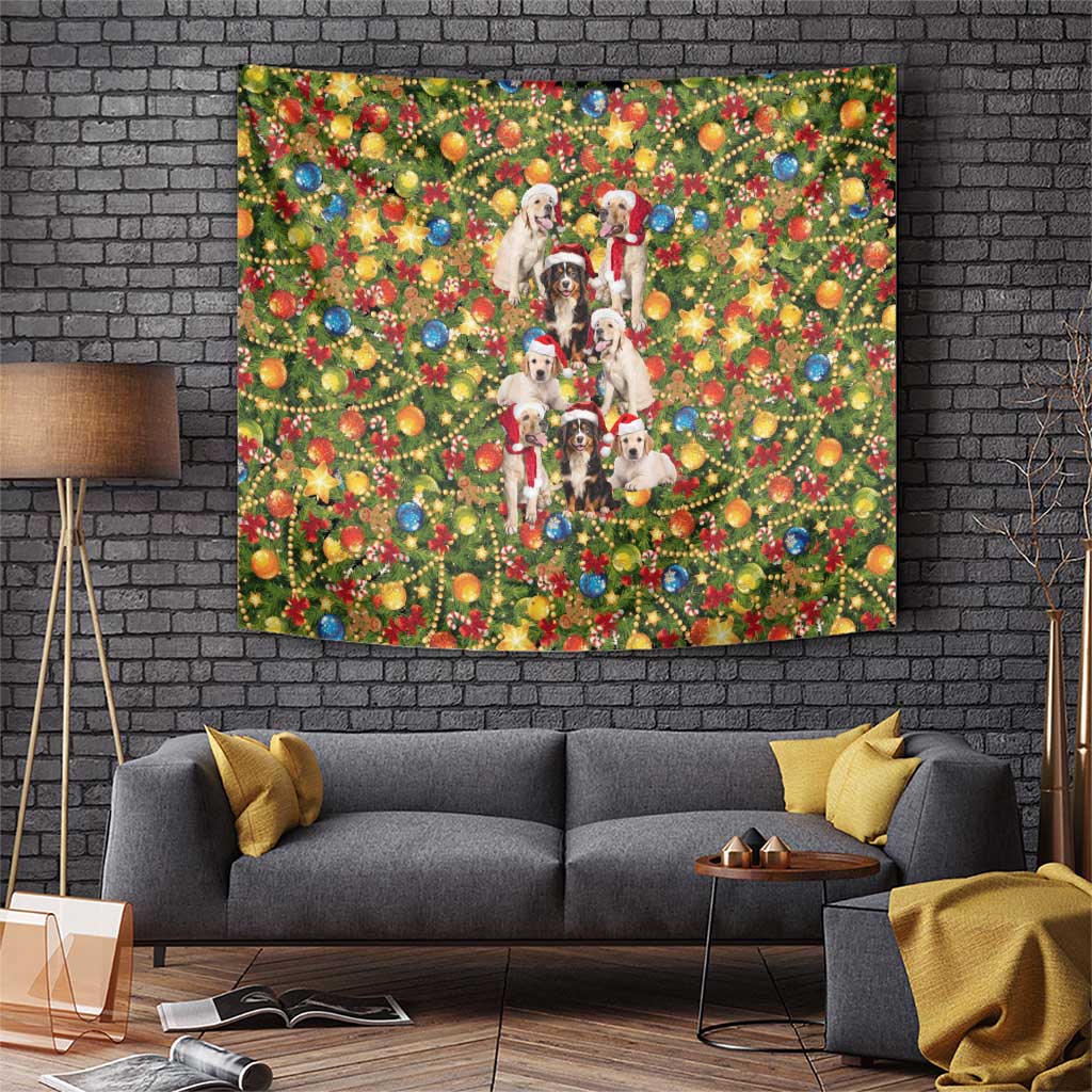 Christmas Dogs Tapestry with Santa Hats and Festive Ornament Pattern - Wonder Print Shop
