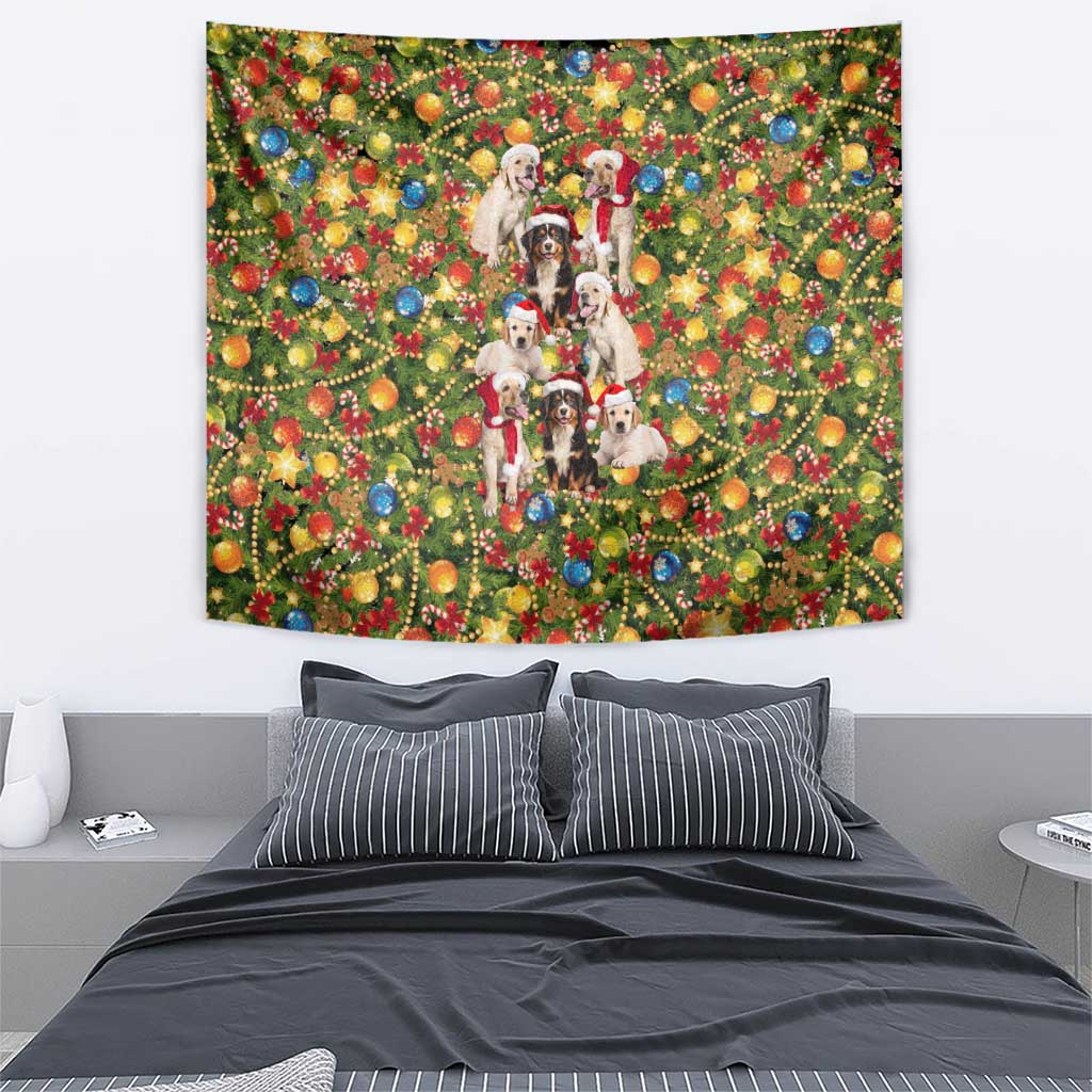 Christmas Dogs Tapestry with Santa Hats and Festive Ornament Pattern - Wonder Print Shop