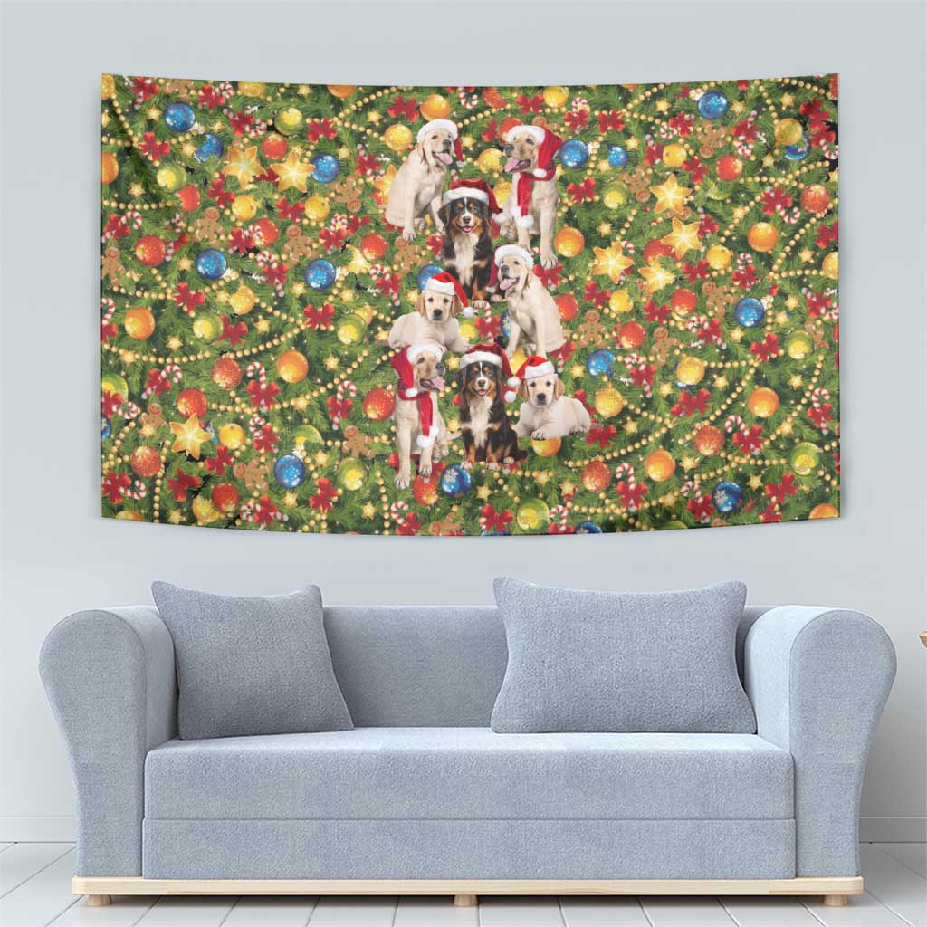 Christmas Dogs Tapestry with Santa Hats and Festive Ornament Pattern - Wonder Print Shop