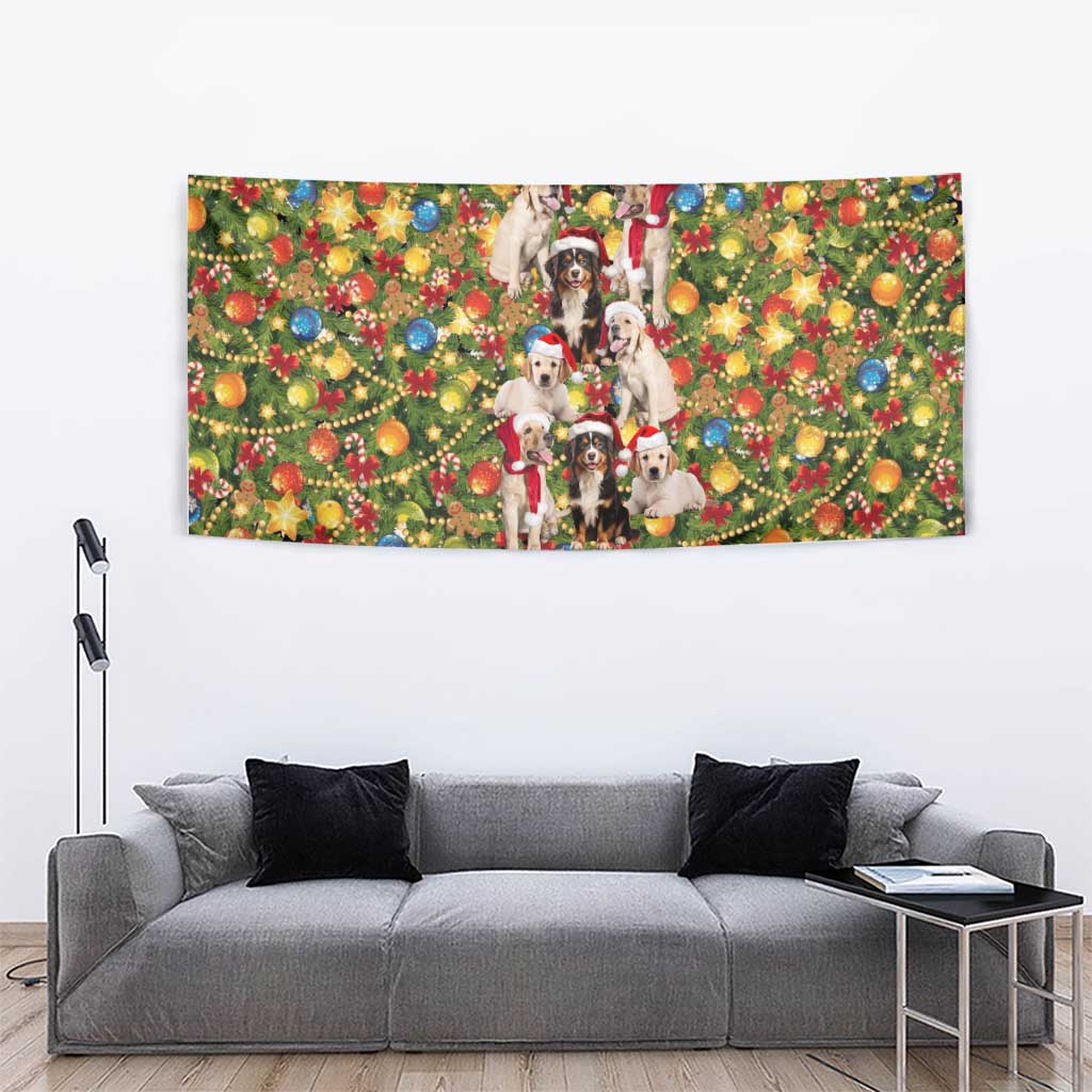 Christmas Dogs Tapestry with Santa Hats and Festive Ornament Pattern - Wonder Print Shop