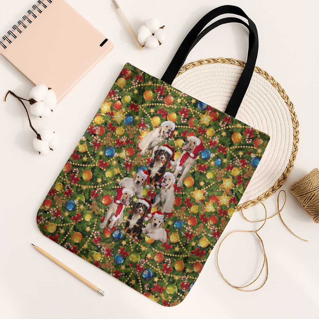 Christmas Dogs Tote Bag with Santa Hats and Festive Ornament Pattern - Wonder Print Shop