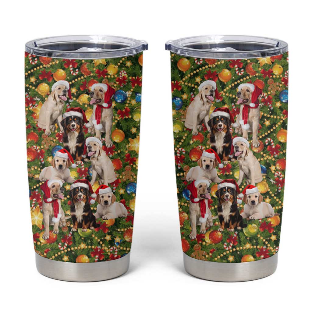 Christmas Dogs Tumbler Cup with Santa Hats and Festive Ornament Pattern - Wonder Print Shop