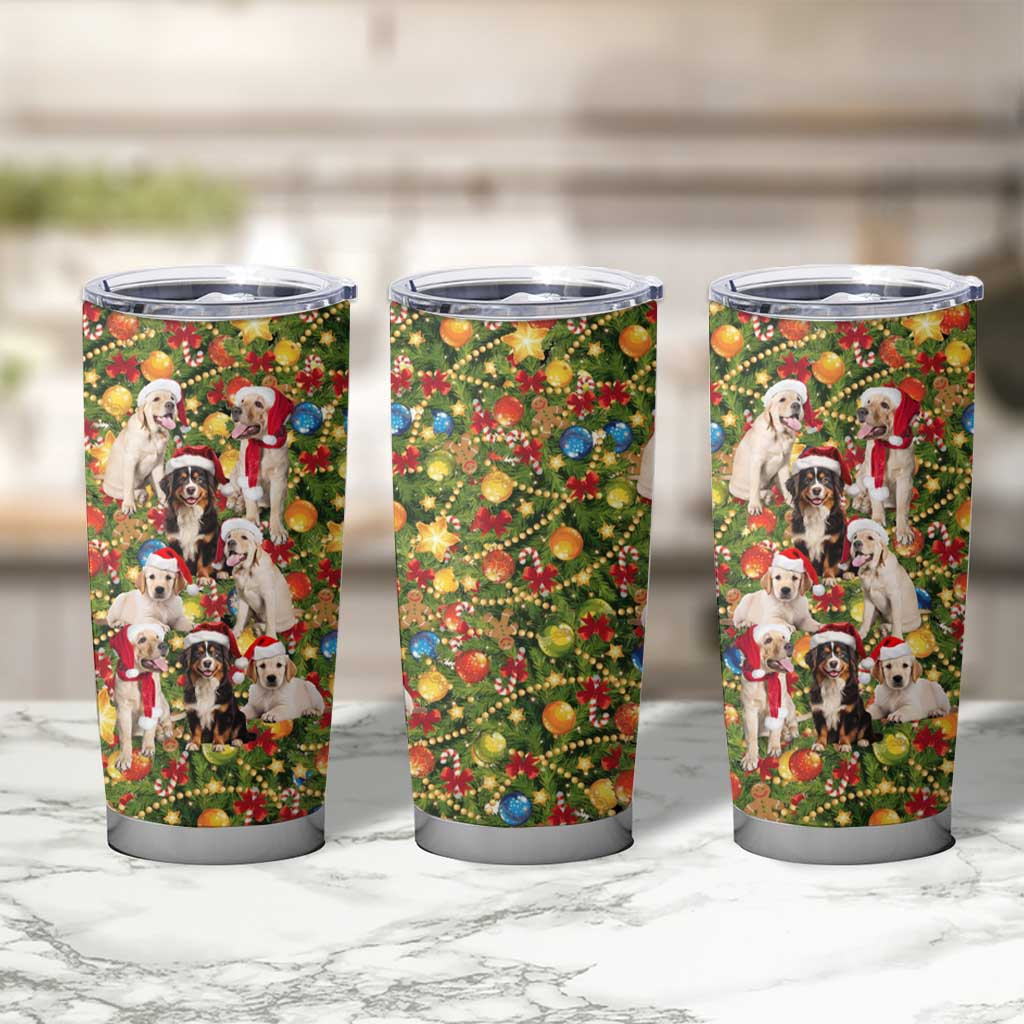 Christmas Dogs Tumbler Cup with Santa Hats and Festive Ornament Pattern - Wonder Print Shop