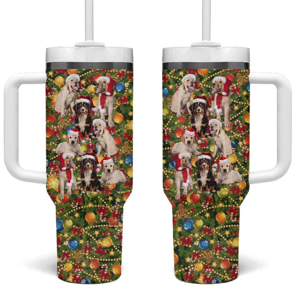 Christmas Dogs Tumbler With Handle with Santa Hats and Festive Ornament Pattern - Wonder Print Shop