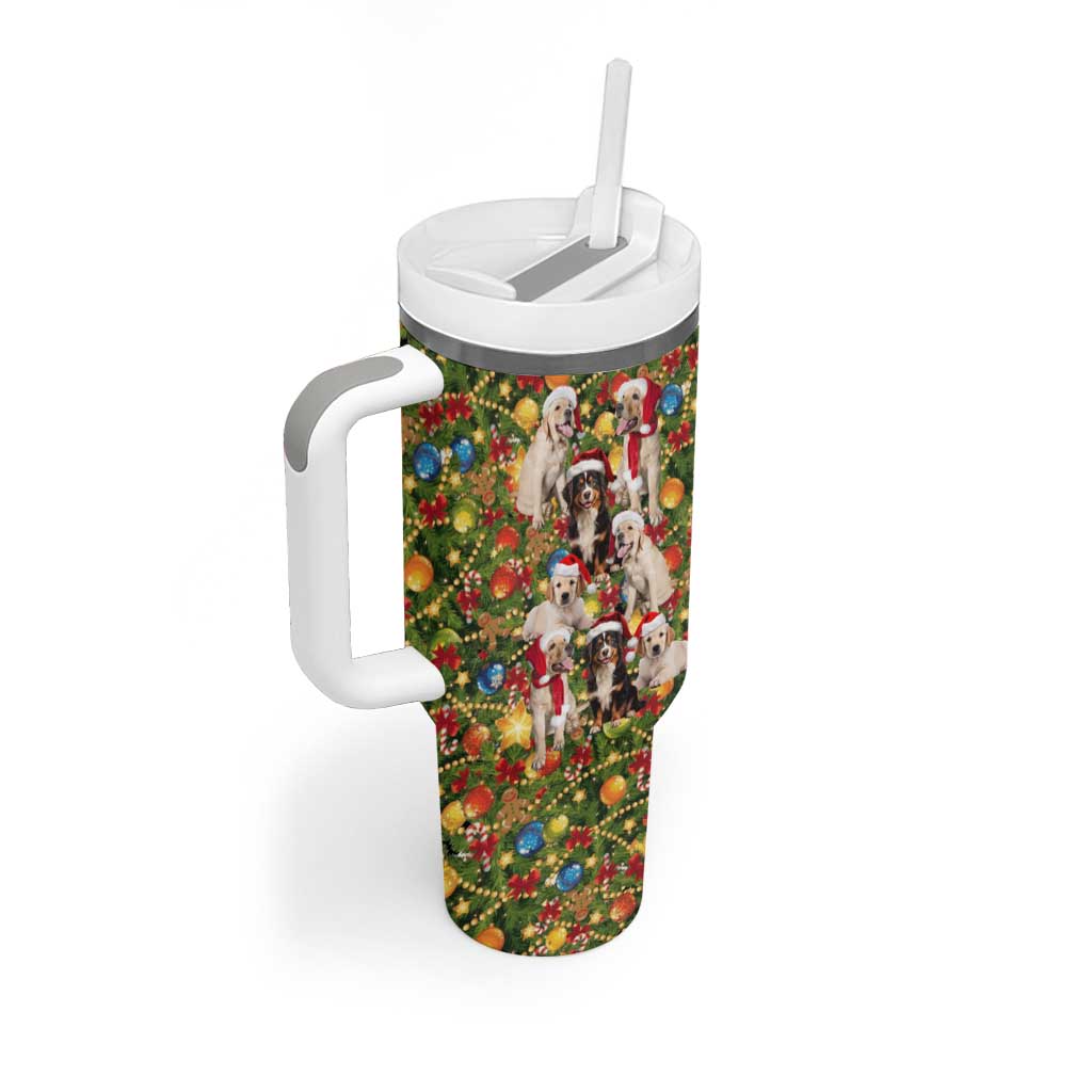 Christmas Dogs Tumbler With Handle with Santa Hats and Festive Ornament Pattern - Wonder Print Shop
