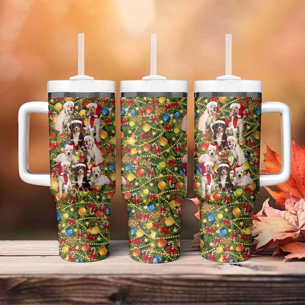 Christmas Dogs Tumbler With Handle with Santa Hats and Festive Ornament Pattern - Wonder Print Shop