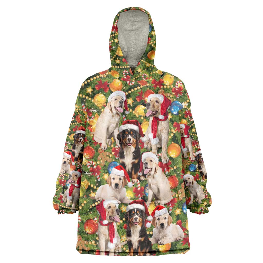 Christmas Dogs Wearable Blanket Hoodie with Santa Hats and Festive Ornament Pattern - Wonder Print Shop