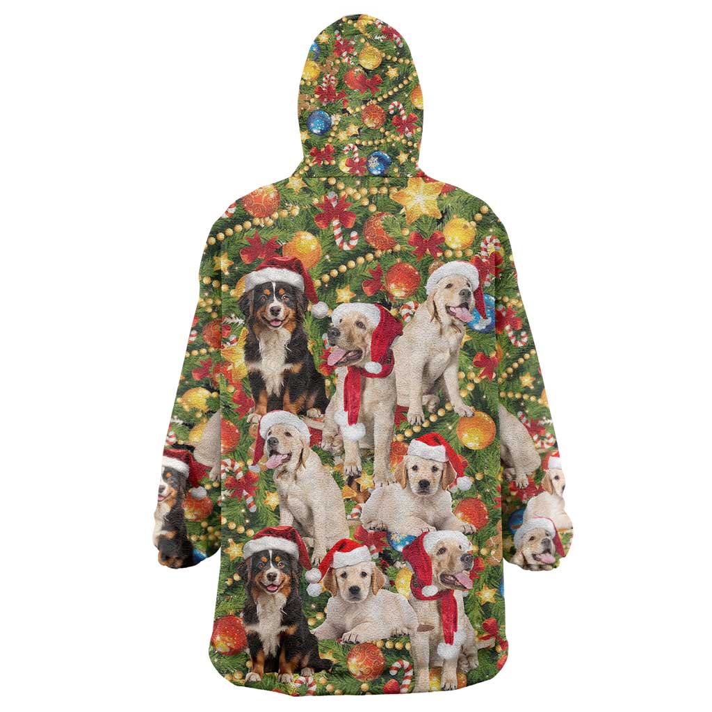 Christmas Dogs Wearable Blanket Hoodie with Santa Hats and Festive Ornament Pattern - Wonder Print Shop