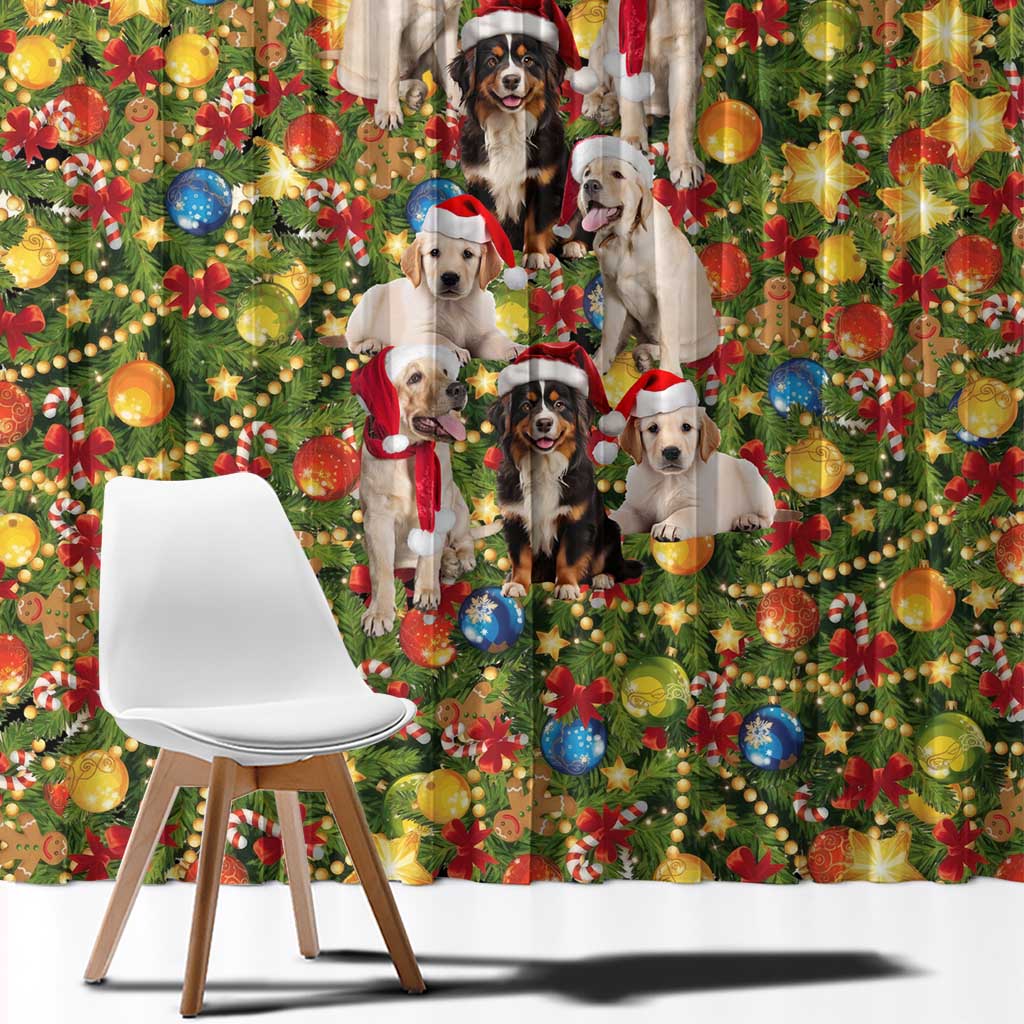 Christmas Dogs Window Curtain with Santa Hats and Festive Ornament Pattern - Wonder Print Shop