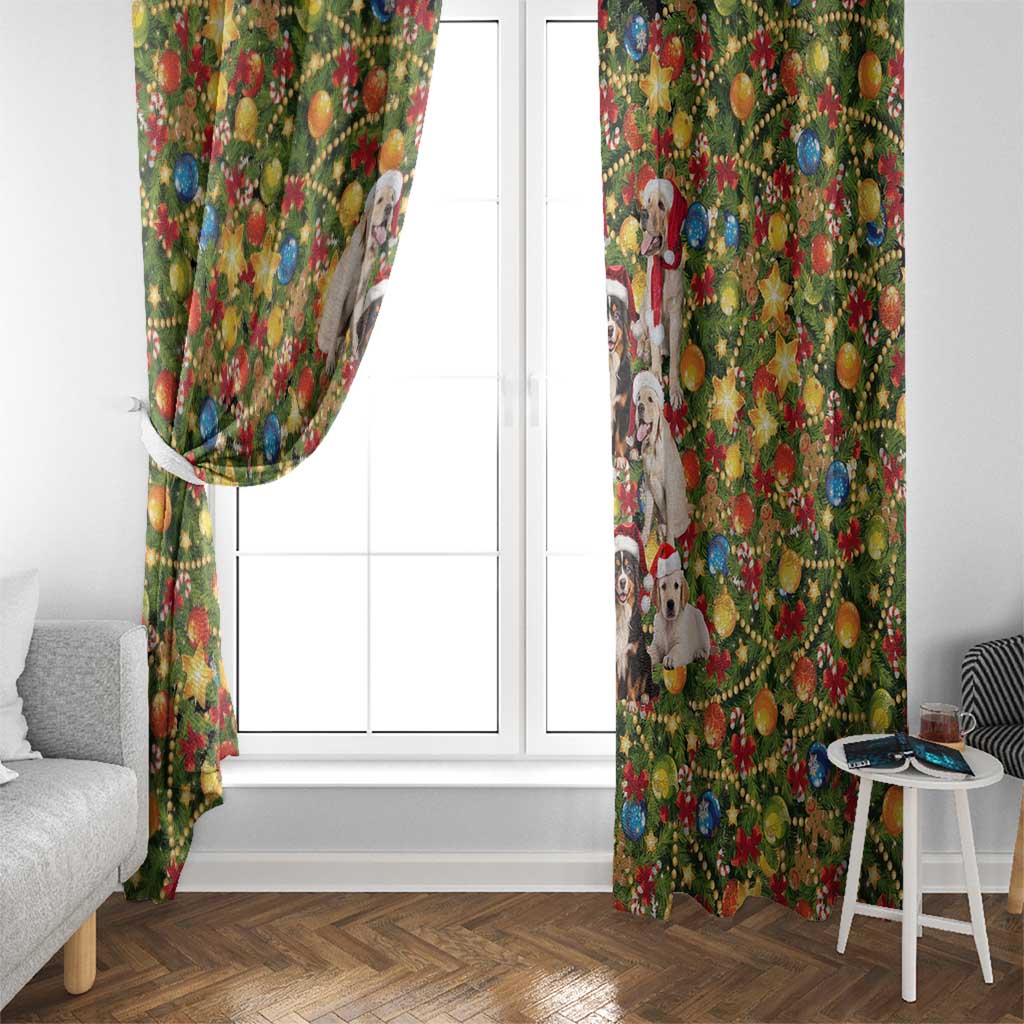 Christmas Dogs Window Curtain with Santa Hats and Festive Ornament Pattern - Wonder Print Shop