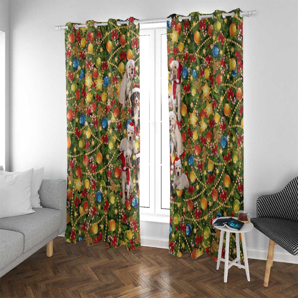 Christmas Dogs Window Curtain with Santa Hats and Festive Ornament Pattern - Wonder Print Shop