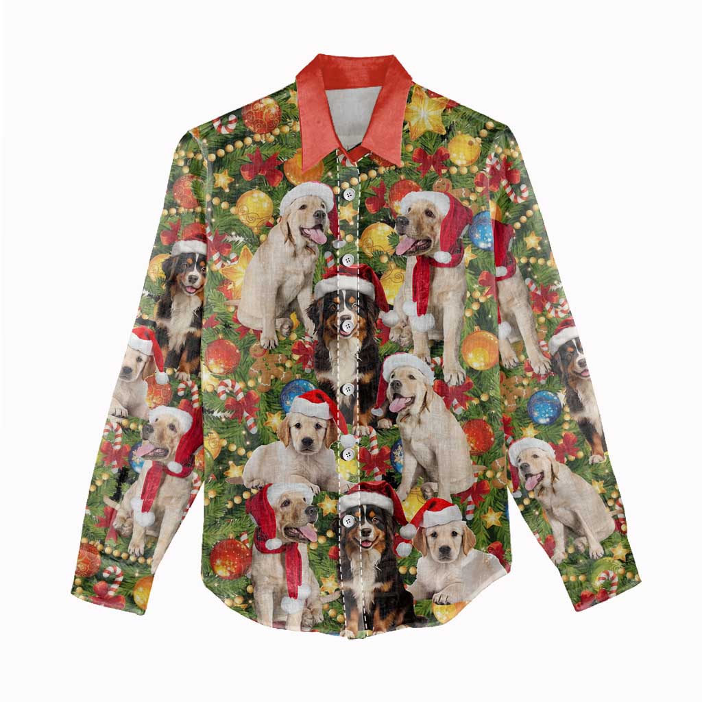 Christmas Dogs Women Casual Shirt with Santa Hats and Festive Ornament Pattern - Wonder Print Shop