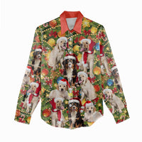 Christmas Dogs Women Casual Shirt with Santa Hats and Festive Ornament Pattern - Wonder Print Shop