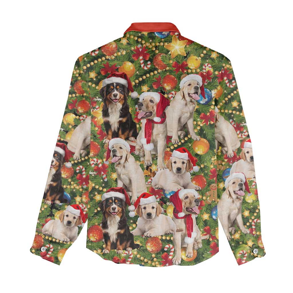 Christmas Dogs Women Casual Shirt with Santa Hats and Festive Ornament Pattern - Wonder Print Shop