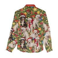 Christmas Dogs Women Casual Shirt with Santa Hats and Festive Ornament Pattern - Wonder Print Shop