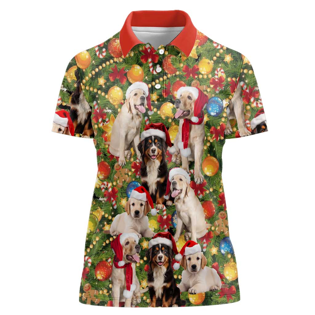 Christmas Dogs Women Polo Shirt with Santa Hats and Festive Ornament Pattern - Wonder Print Shop