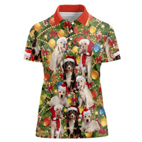 Christmas Dogs Women Polo Shirt with Santa Hats and Festive Ornament Pattern - Wonder Print Shop