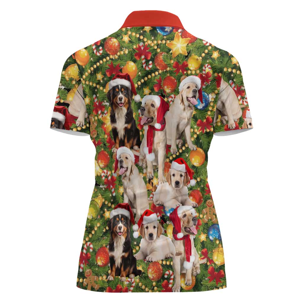 Christmas Dogs Women Polo Shirt with Santa Hats and Festive Ornament Pattern - Wonder Print Shop