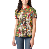 Christmas Dogs Women Polo Shirt with Santa Hats and Festive Ornament Pattern - Wonder Print Shop