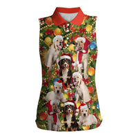 Christmas Dogs Women Sleeveless Polo Shirt with Santa Hats and Festive Ornament Pattern - Wonder Print Shop