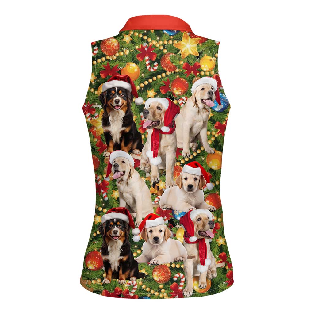 Christmas Dogs Women Sleeveless Polo Shirt with Santa Hats and Festive Ornament Pattern - Wonder Print Shop