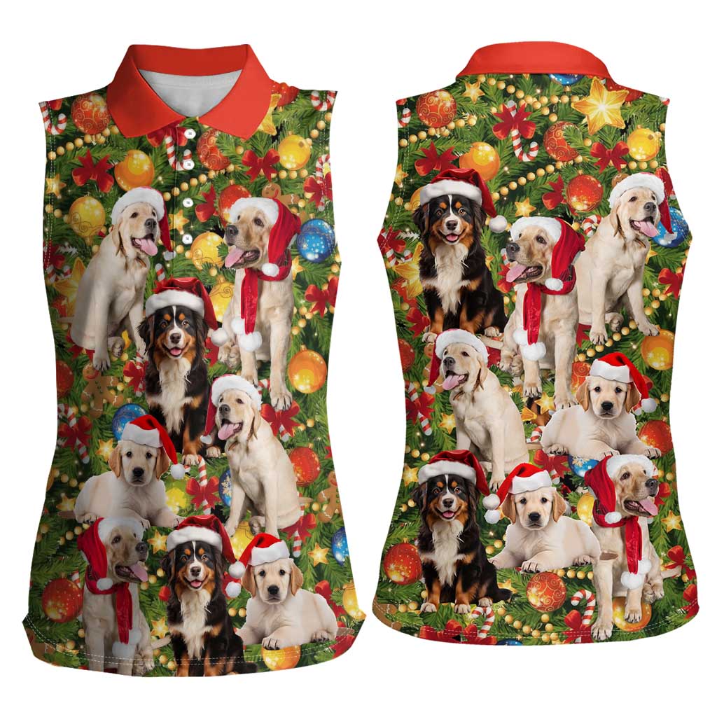 Christmas Dogs Women Sleeveless Polo Shirt with Santa Hats and Festive Ornament Pattern - Wonder Print Shop